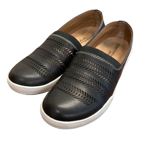Comfortiva Shoes - Comfortiva Loring Laser-Cut Slip-On Sneakers Black Leather Casual Comfort Shoe 7